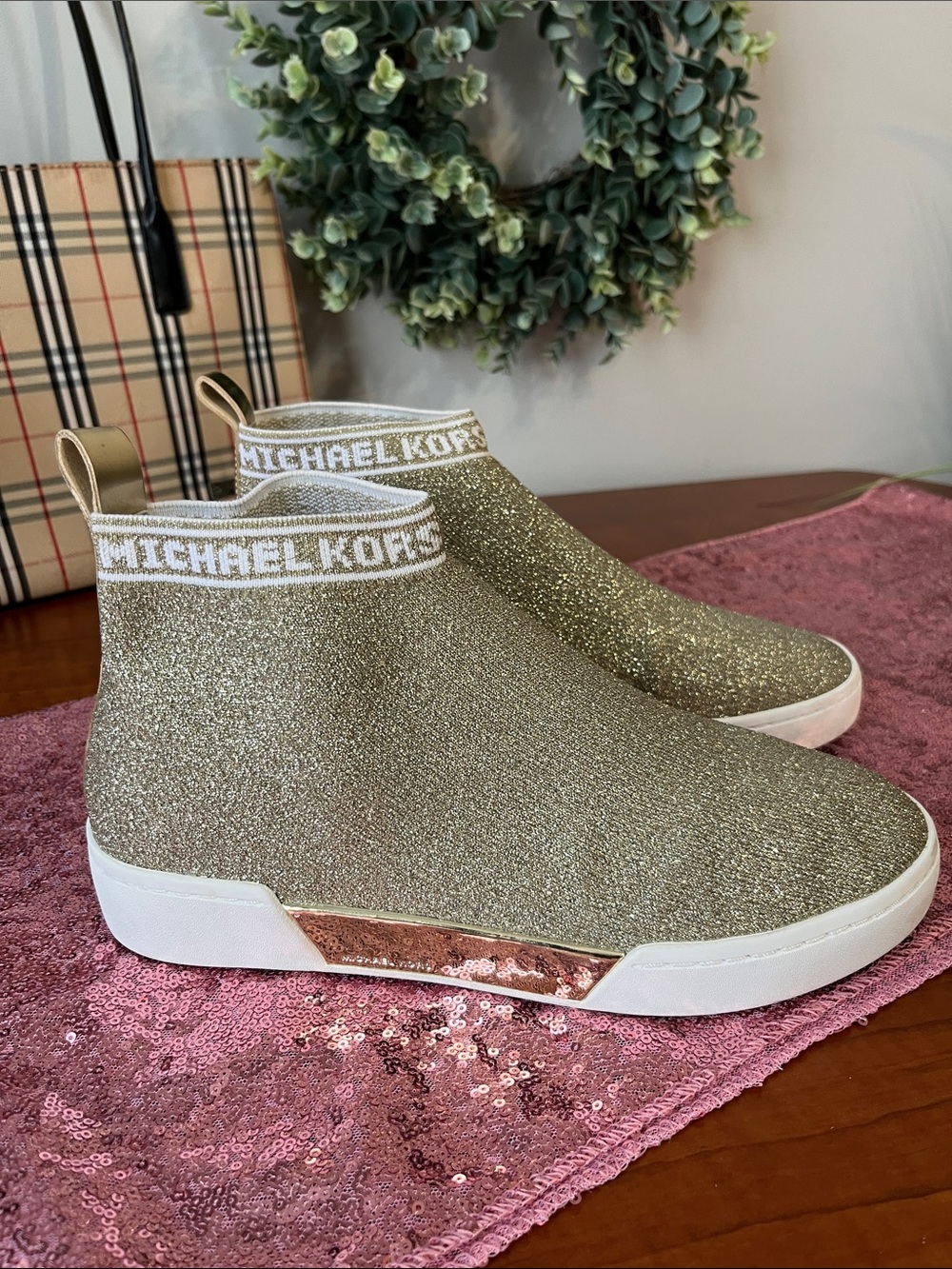 Michael Kors Gold Glitter Slip-On Wedge Sock Sneakers